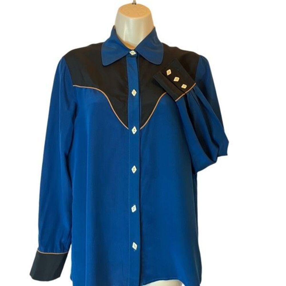 Vintage Lillie Rubin blue black 100% silk western blouse